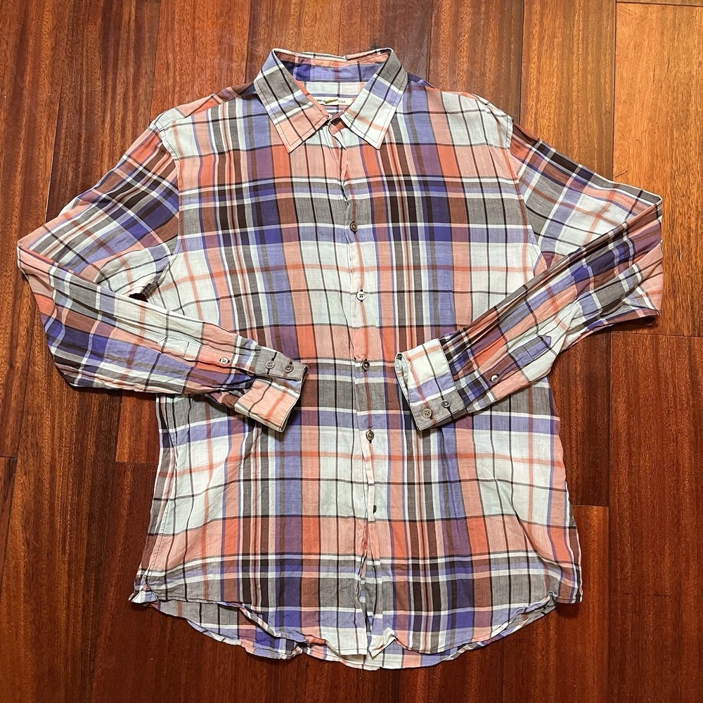 John Varvatos USA Shirt Mens Large Plaid Long Sleeve Button Up 100% Cotton READ